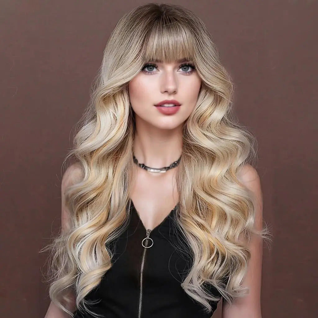 Crown & Glory Wigs Ombre Blonde Women Stylish Long Natural Wave wig  Synthetic Wigs heat-resistant fiber Glamorous Silky  Dark Root