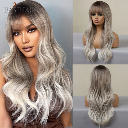 Crown & Glory Wigs EASIHAIR Ombre Brown Light Blonde Platinum Long Wavy Middle Part Hair Wig Cosplay Natural Heat Resistant Synthetic Wig for Women