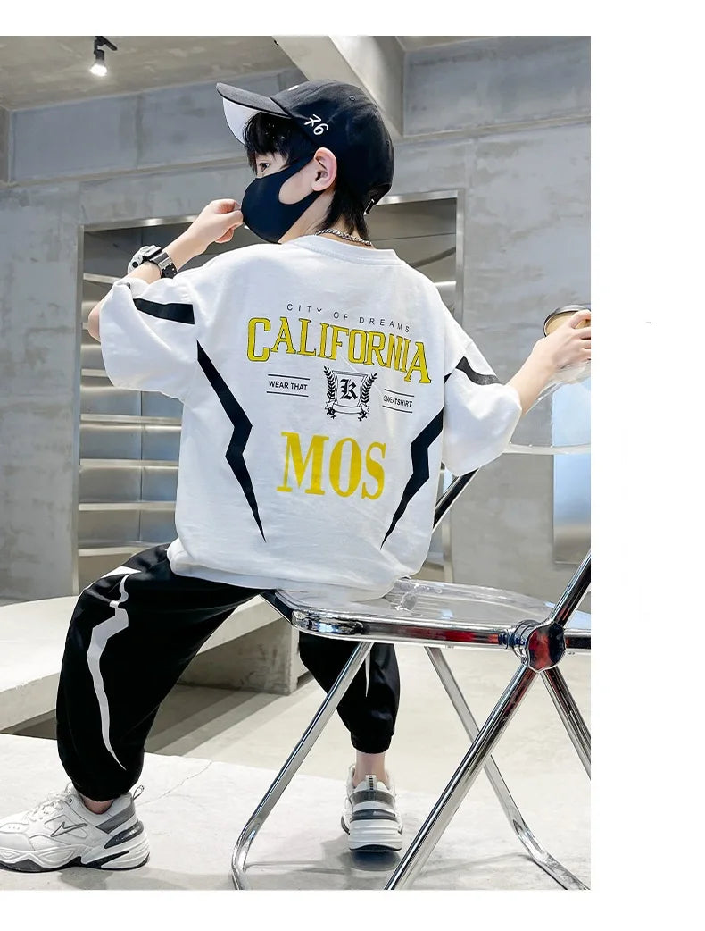 Boy  clothing   Summer Boys Cotton Alphabet Lightning T-Shirt Tops+Sweatpant School Kids 2PCS Tracksuit Child Jogger Outfit Workout Set 5-14 Yr