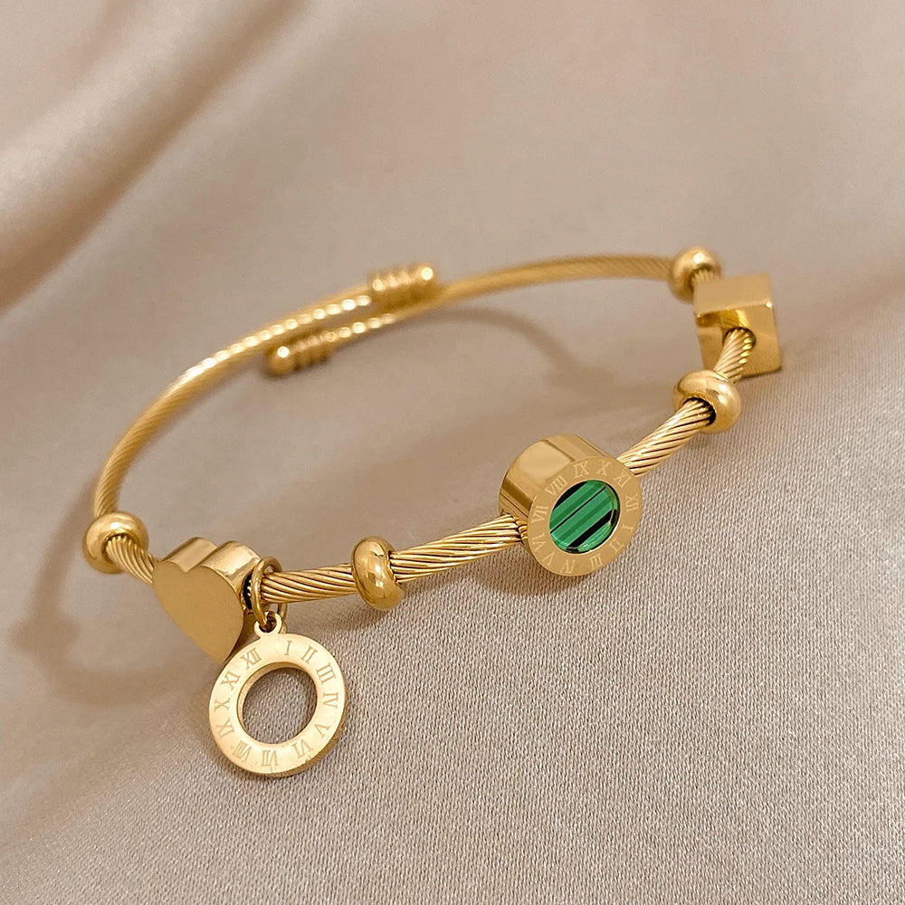 Jewellery FLASHBUY 18K Gold Plated Malachite Roman numerals Charm Stainless Steel Bracelet Bangle For Women Waterproof Fashion Jewelry