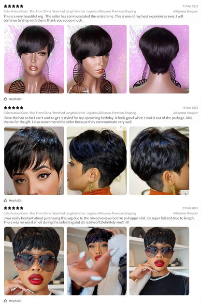 Crown & Glory Wigs  Human Hair Wigs Short Pixie Cut Wig Human Hair For Black Women Machine Made Wigs With Bangs Glueless Wig Perruque Cheveux Humain