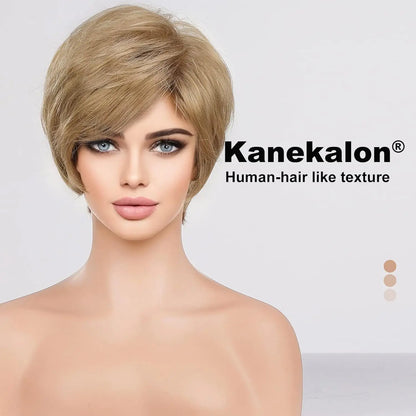 Crown & Glory Wigs Pixie Cut Short Bob Wigs with Bang Brown Blonde Layered Straight Kanekalon Synthetic Wig Human-hair Like Texture Natural Daily