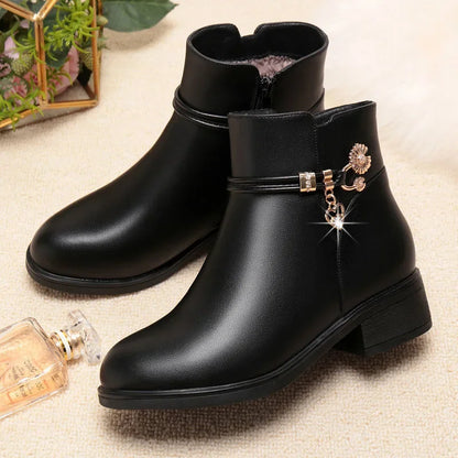 Woman shoes Women's Rhinestone Leather Boots Autumn Winter Warm Cotton Shoes Low Heel Round Head Side Zip Footwear Botas Para Mujeres