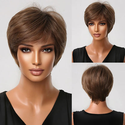 Crown & Glory Wigs HENRY MARGU Dark Root Ombre Brown Blonde Short Hair Wigs Fluffy Pixie Cut Synthetic Wig for Black White Women Heat Resistant