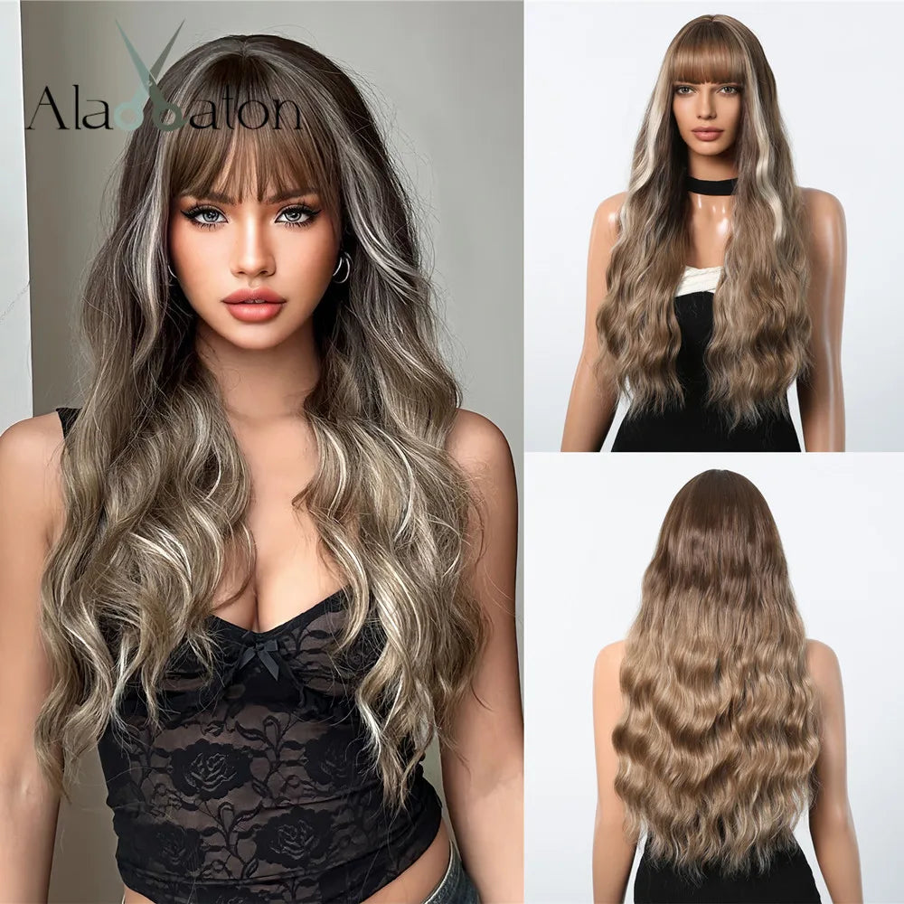 Crown & Glory Wigs   ALAN EATON Brown Blonde Layered Synthetic Wigs Long Natural Body Wavy Wig with Bangs Party Cosplay Hair for Women Heat Resistant