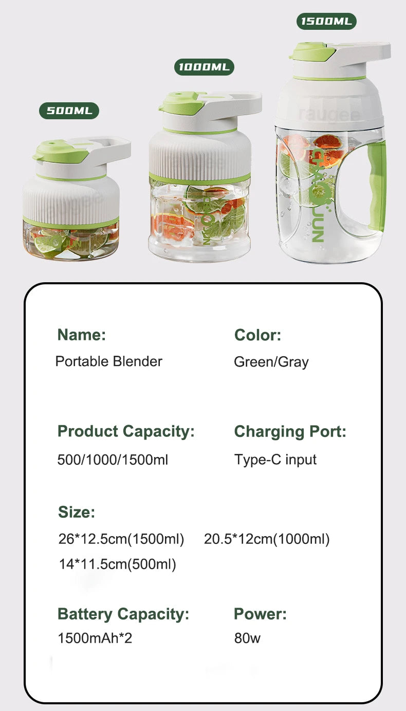 Kitchen Portable Blender Electric Fruit Juicer Smoothie Milkshake Maker USB Rechargerable Fruit Blender 500ML/1000ML/1500ML