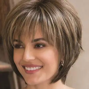 Crown & Glory Wigs Short Brown Pixie Cut Wigs with Bangs Straight Synthetic Hair Wig Ombre Blonde Wig Headband Cosplay Wig