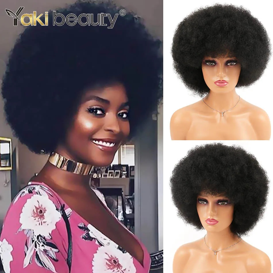 Crown & Glory Wigs Synthetic Afro Kinky Curly Wig With Bangs Big 70s Soft Afro Wig For Black Women Machine Made Cosplay Wig Natural Brown Black