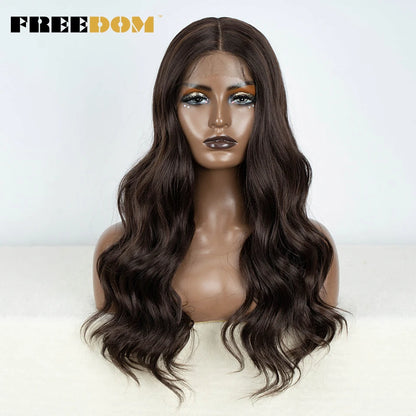 Crown & Glory Wigs   FREEDOM Synthetic Lace Front Wigs For Women Body Wave 24 Inch Wavy Wig Ombre Brown Blonde Pink Lace Wig White Cosplay Wig