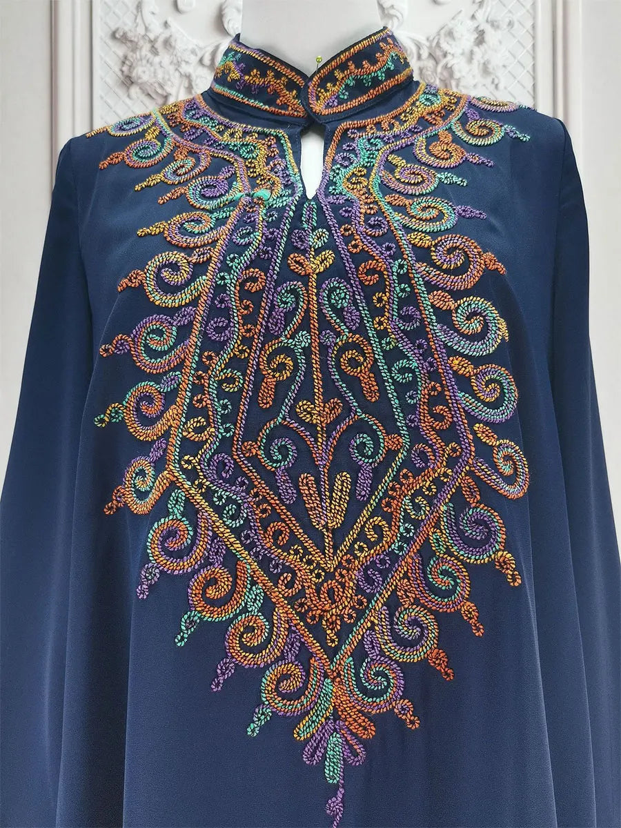 Muslim family   Siskakia Embroidery V-Neck Long Dress Dubai Arab Abaya For Muslim Woman Loose Moroccan Saudi Ethnic Jalabiya Fashion Robe 2024