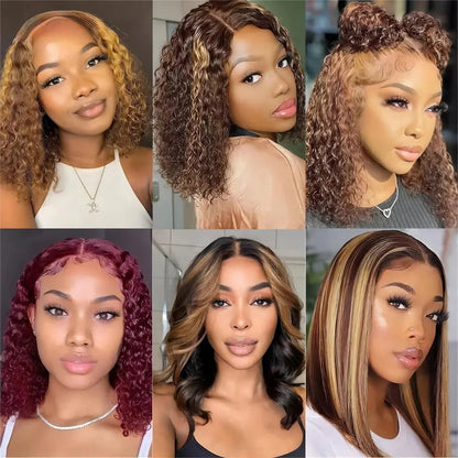 Crown & Glory Wigs   Highlight Blonde Short Bob Glue less Wig Human Hair Ready To Go Deep Wave 4/27 Colored Curly Bob 7x5 13x4 Glueless Wig For Women