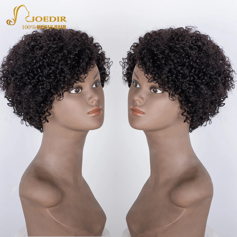 Crown & Glory Wigs Joedir Short Brown Human Hair Wigs Bob Pixie Cut Afro Kinky Brazilian Hair for Black Women Machine Part Side With Bang Cheap Wig