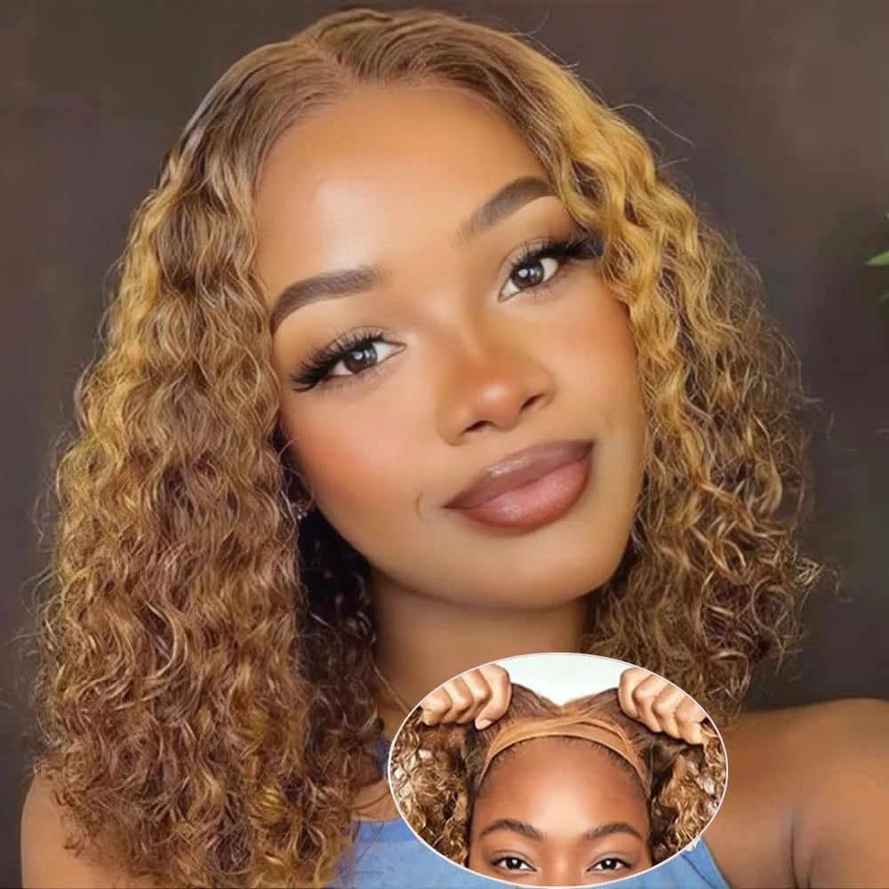 Crown & Glory Wigs   Highlight Blonde Short Bob Glue less Wig Human Hair Ready To Go Deep Wave 4/27 Colored Curly Bob 7x5 13x4 Glueless Wig For Women