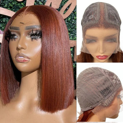 Crown & Glory Wigs   Short Brown Colour Bob Wig Peruvian Straight Lace Front Human Hair Wigs For Women Reddish Brown #33 Lace Part Wig With Baby Hair