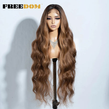 Crown & Glory Wigs   FREEDOM Synthetic Lace Front Wigs For Women 36" Long Body Wave Lace Wig Ombre Brown Blonde Highlight Cosplay Wigs Heat Resistant