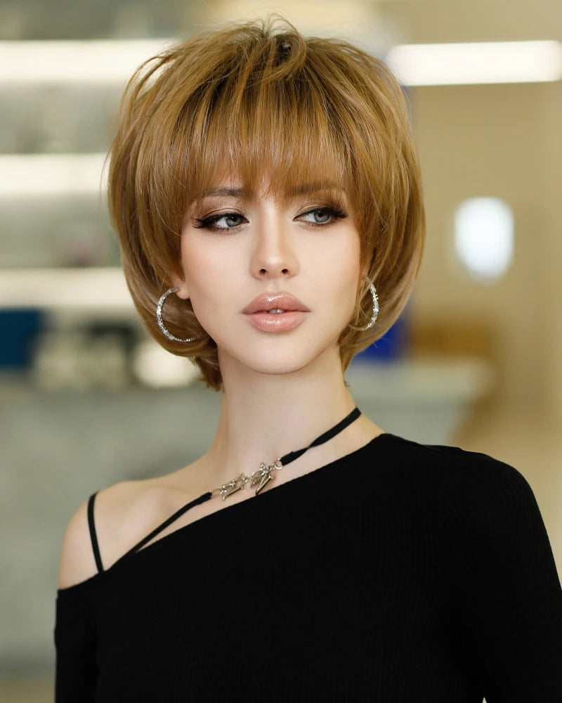 Crown & Glory Wigs NAMM Ombre Blonde Wig for Women Daily Party Fluffy Bob Wig Natural Synthetic Hair Fashion Wig with Bangs Heat Resistant Fiber