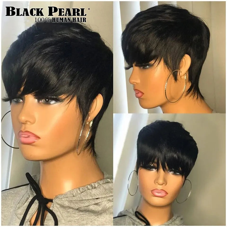 Crown & Glory Wigs  Human Hair Wigs Short Pixie Cut Wig Human Hair For Black Women Machine Made Wigs With Bangs Glueless Wig Perruque Cheveux Humain