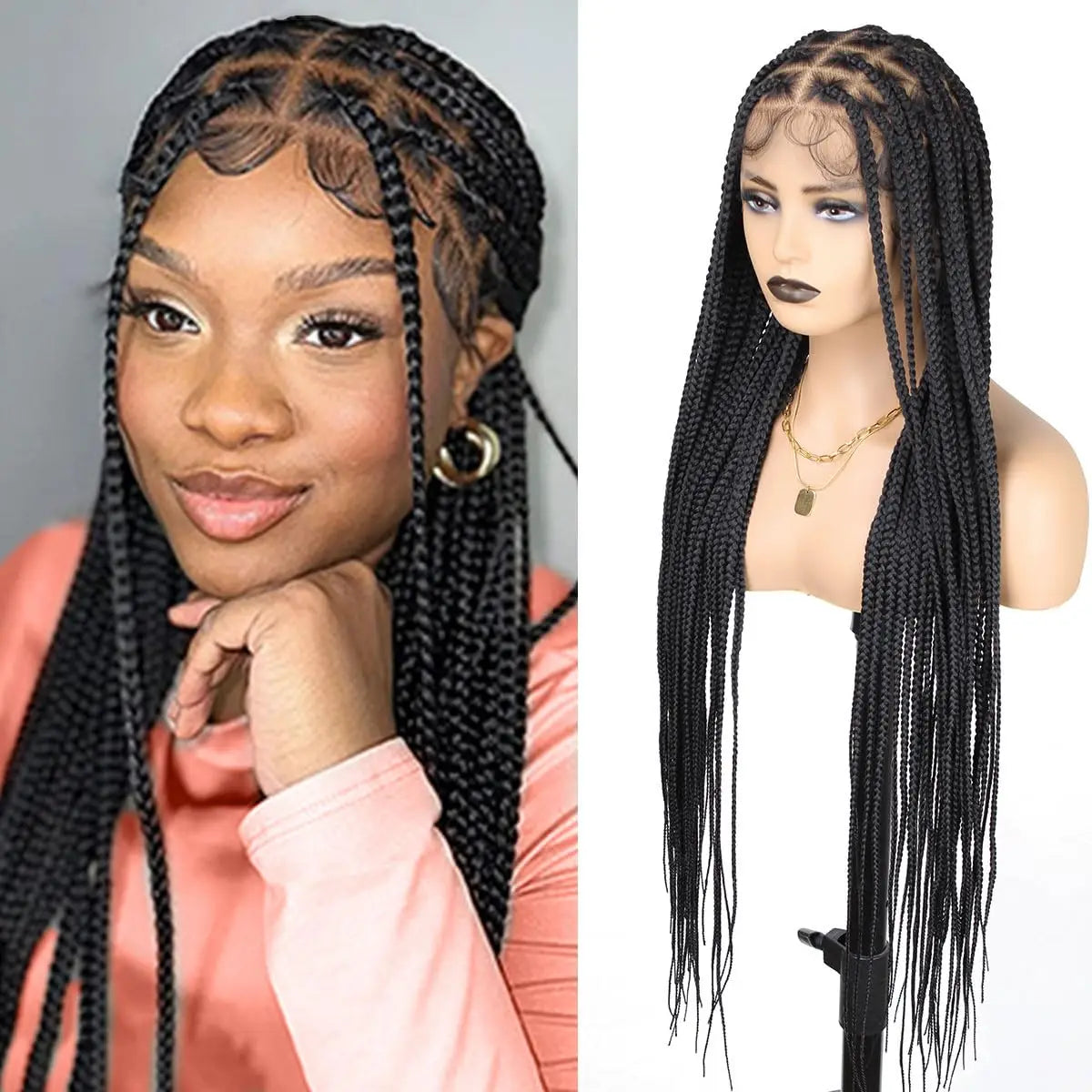 Crown & Glory Wigs   Synthetic Large Box Braided Wigs Jumbo Knotless 360° HD Full Lace Front Wigs For Black Women Jumbo Tribal Braids Faux Locs