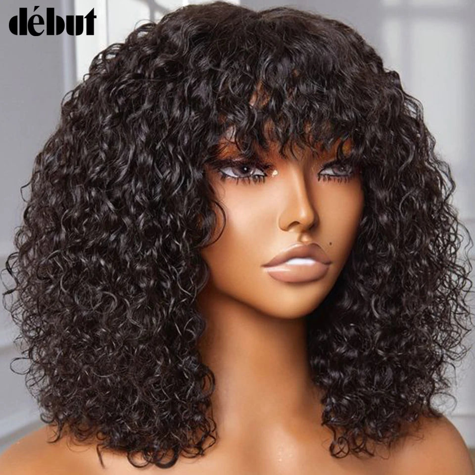 Crown & Glory Wigs  Debut Highlight Curly With Bangs Human Hair Wigs Kinky Curly Wigs For Black Women Brazilian Remy Human Hair Wigs Cheap Jerry Curl