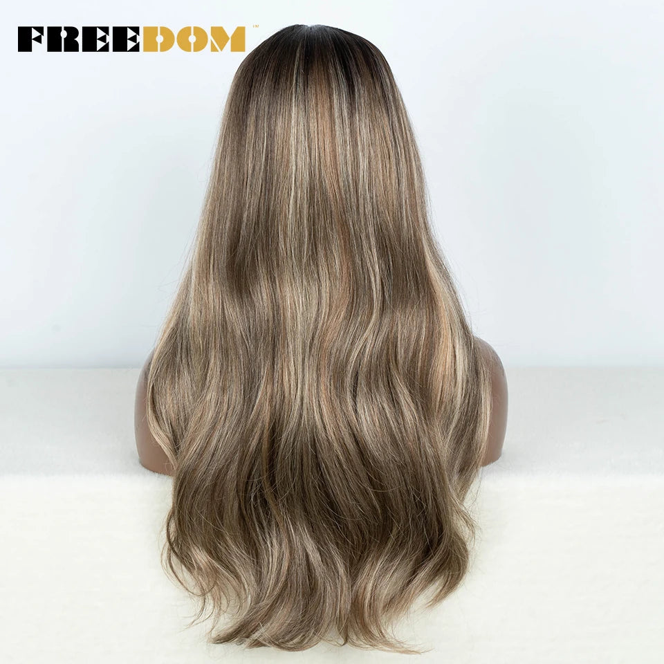 Crown & Glory Wigs  FREEDOM Synthetic Lace Front Wigs For Women Straight Lace Wig With Baby Hair 24 inches Ombre Brown Highlight Wigs Cosplay Wig