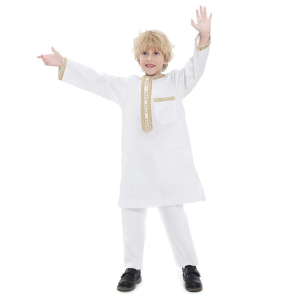 Muslim family    Muslim Kids Jubba Thobe Arab Boy Thobe Children Abaya Ramadan Dress Pant Set 2 Piece Caftan Robe Kaftan Musulman Ensembles