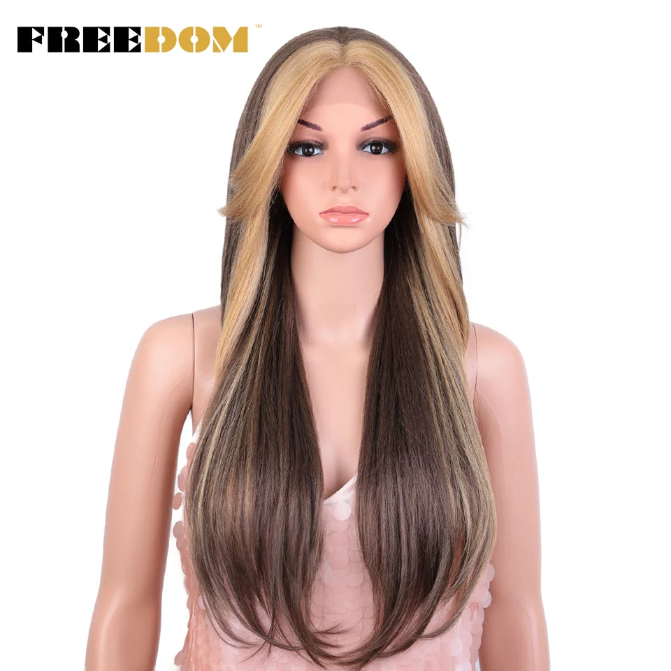 Crown & Glory Wigs   FREEDOM Synthetic Lace Front Wigs For Black Women 26 inch Straight Wigs Ombre Blond Cosplay Wig Synthetic Lace Wig With Bangs