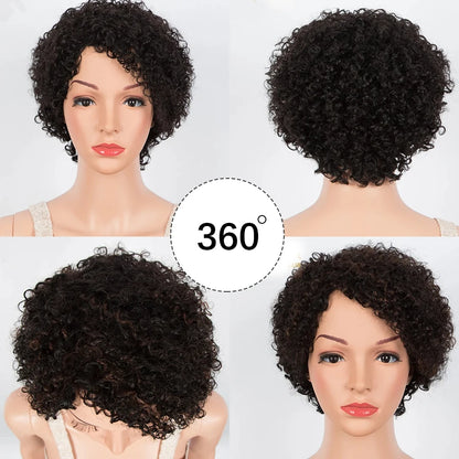 Crown & Glory Wigs Joedir Short Brown Human Hair Wigs Bob Pixie Cut Afro Kinky Brazilian Hair for Black Women Machine Part Side With Bang Cheap Wig