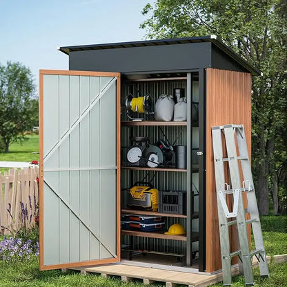 Outdoor Storage Shed, 5x3 Ft Metal Tiny House with Frame Floor Lockable Door, Vertical Outside Storage Building, Tool Storage