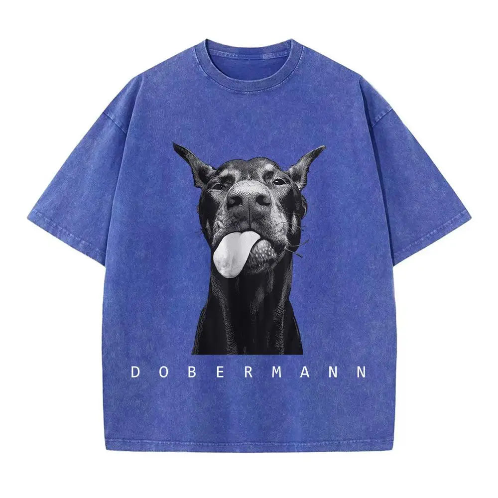 Woman clothing   Cotton Washed T-Shirts Fashion Creativity Doberman Printing Short Sleeve