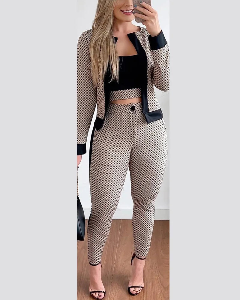 Woman clothing   3 Piece Set Plaid Print Crop Top & Pants Set With Coat Fashion Casual Elegant Female Set