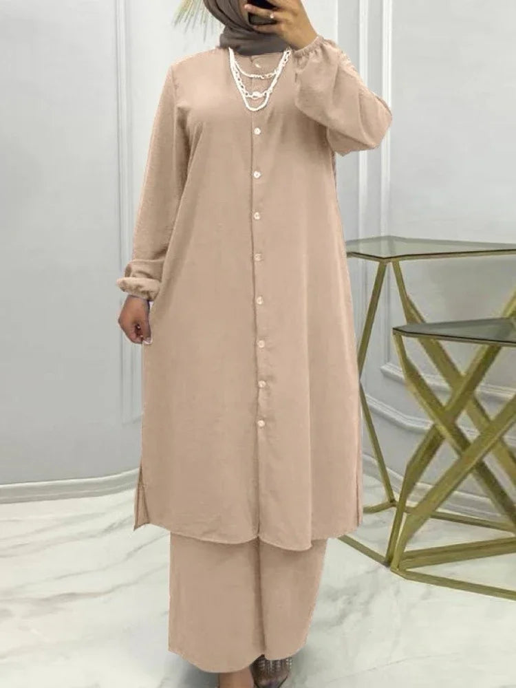 Muslim Family   Eid Muslim Set Women 2 Piece Shirt Blouses Wide Leg Pants Musulman Ensemble Dubai Casual Arab Ramadan Kaftan 2024 Outfit Suits