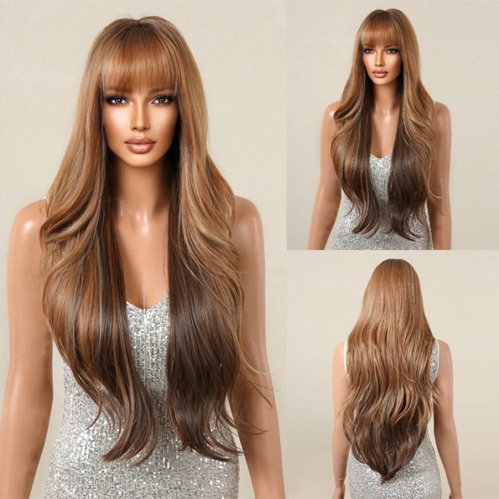 Crown & Glory Wigs   ALAN EATON Brown Blonde Layered Synthetic Wigs Long Natural Body Wavy Wig with Bangs Party Cosplay Hair for Women Heat Resistant