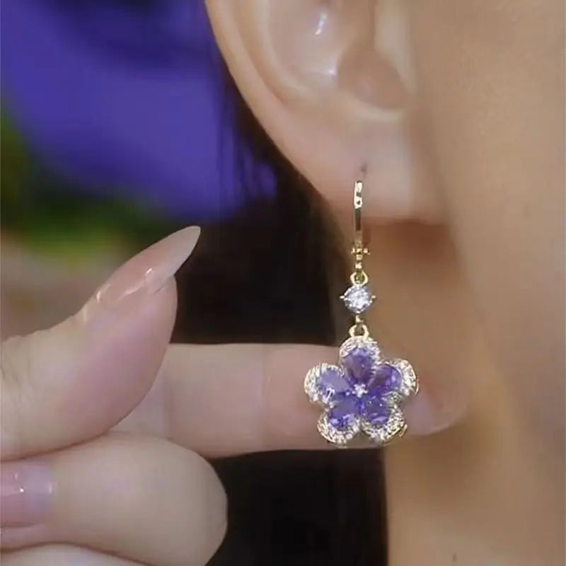 Jewellery   Fashion Trend Purple Crystal Zircon Flower Drop Earrings for Women Light Luxury Geometric Shiny Earring Party Wedding Jewelry