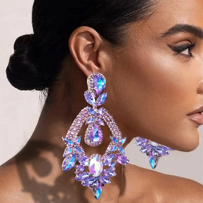 Jewellery  Luxury Purple Exaggerate Dangle Earrings Oversized Accessories Elegant Lady Water Drop Large Rhinestone Earrings Party Jewelry