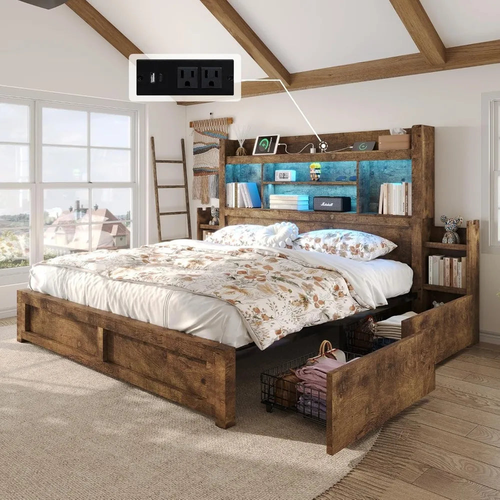 Living Room Queen Bed Frame with 49.6" Bookcase Headboard & 2 Bedside Stoage Racks & Drawers,Wood Bed Frame with RGB LED & Charging Station