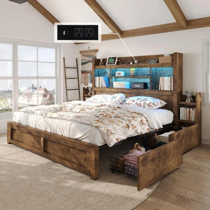 Living Room Queen Bed Frame with 49.6" Bookcase Headboard & 2 Bedside Stoage Racks & Drawers,Wood Bed Frame with RGB LED & Charging Station