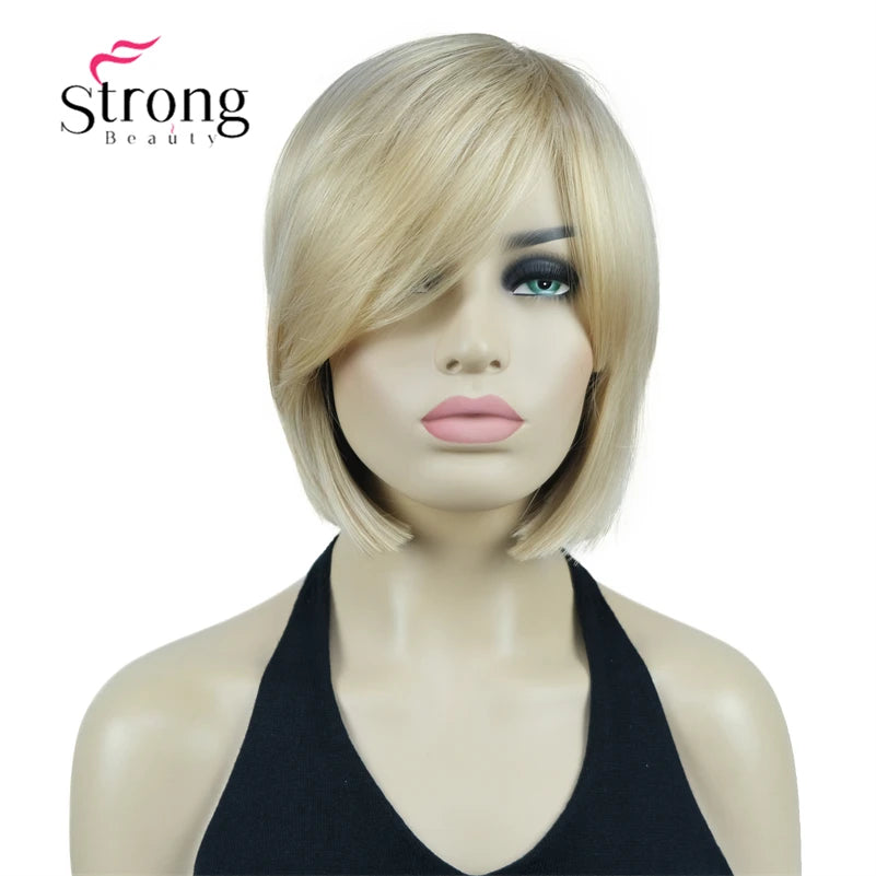 Crown & Glory Wigs Strong Beauty Women's Brown Short Straight Bob Wig with Side Bangs Synthetic Full Hair Wigs Heat Resistant