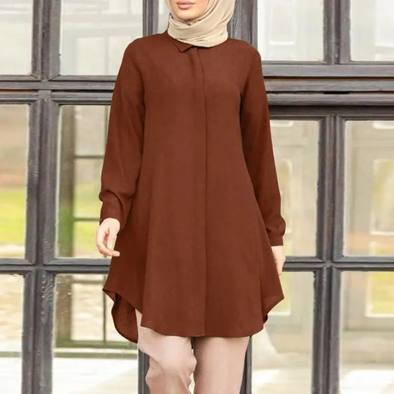 Muslim family Women  Muslim Blouse ZANZEA Spring Elegant Long Sleeve Solid Shirt  Turkey Tops Abaya Marocain Blusas IsIamic Clothing