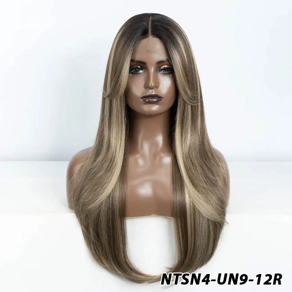 Crown & Glory Wigs  Synthetic Wigs 26 Inch Long Straight Lace Wigs With Bnags Lace Front Wig For Women Ombre Blonde Brown Cosplay Daily Party Wigs