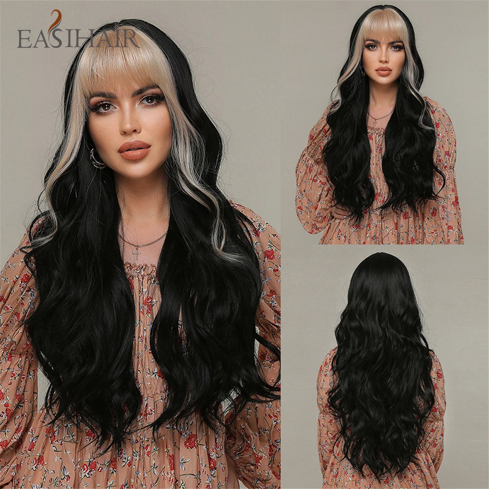 Crown & Glory Wigs EASIHAIR Dark Brown Long Wavy Synthetic Wig with Bangs Natural Wave Cosplay Daily Use Hair Wigs for Women Afro Heat Resistant