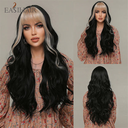 Crown & Glory Wigs EASIHAIR Dark Brown Long Wavy Synthetic Wig with Bangs Natural Wave Cosplay Daily Use Hair Wigs for Women Afro Heat Resistant