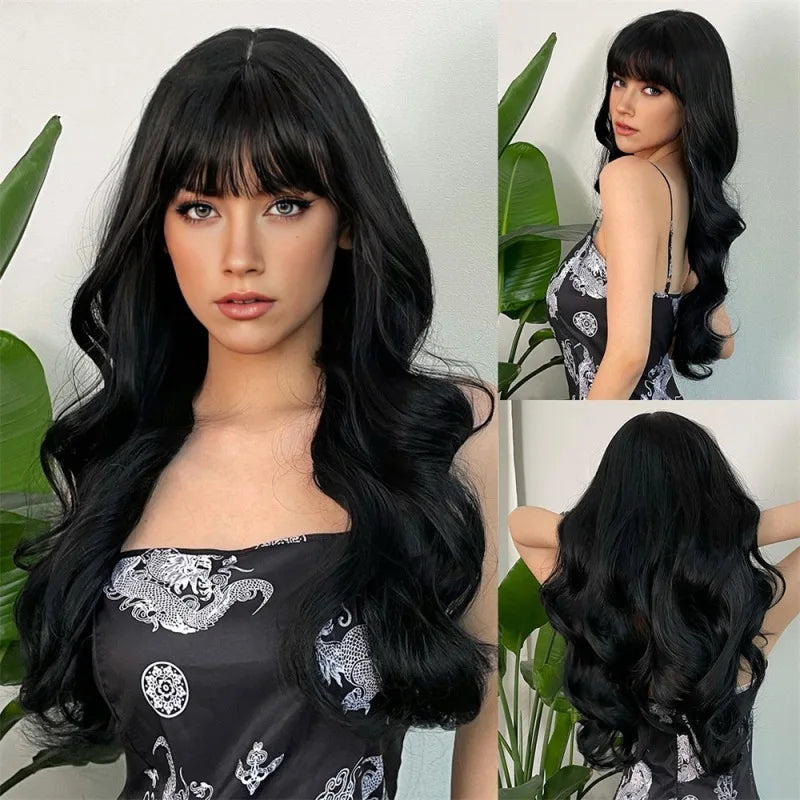 Crown & Glory Wigs  New sales of women's pink long curly air bangs long curly hair straight bangs synthetic hair big wave wig