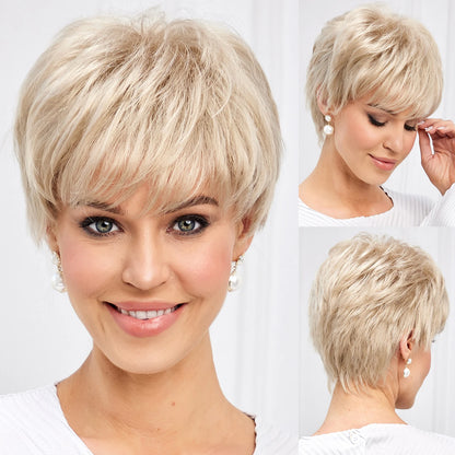 Crown & Glory Wigs Pixie Cut Short Bob Wigs with Bang Brown Blonde Layered Straight Kanekalon Synthetic Wig Human-hair Like Texture Natural Daily