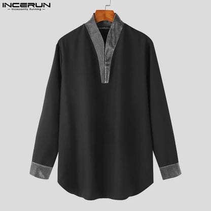 Muslim family   INCERUN Tops 2024 Muslim Style Hot Sale Mens Shirts Muslim Dual Color Patchwork Design Standing Collar Long Sleeved Blouse S-5XL