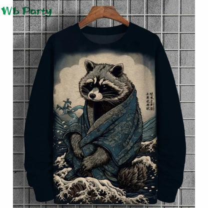 Men clothing Fashion Animal Print  Long Sleeve T-shirt Animal Graphic T shirts Round Neck