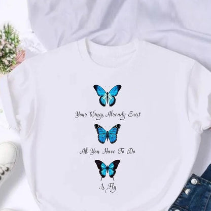 Woman clothingButterfly Letter Printed Short-sleeved T-shirt Tops  Graphic T Shirts  Harajuku