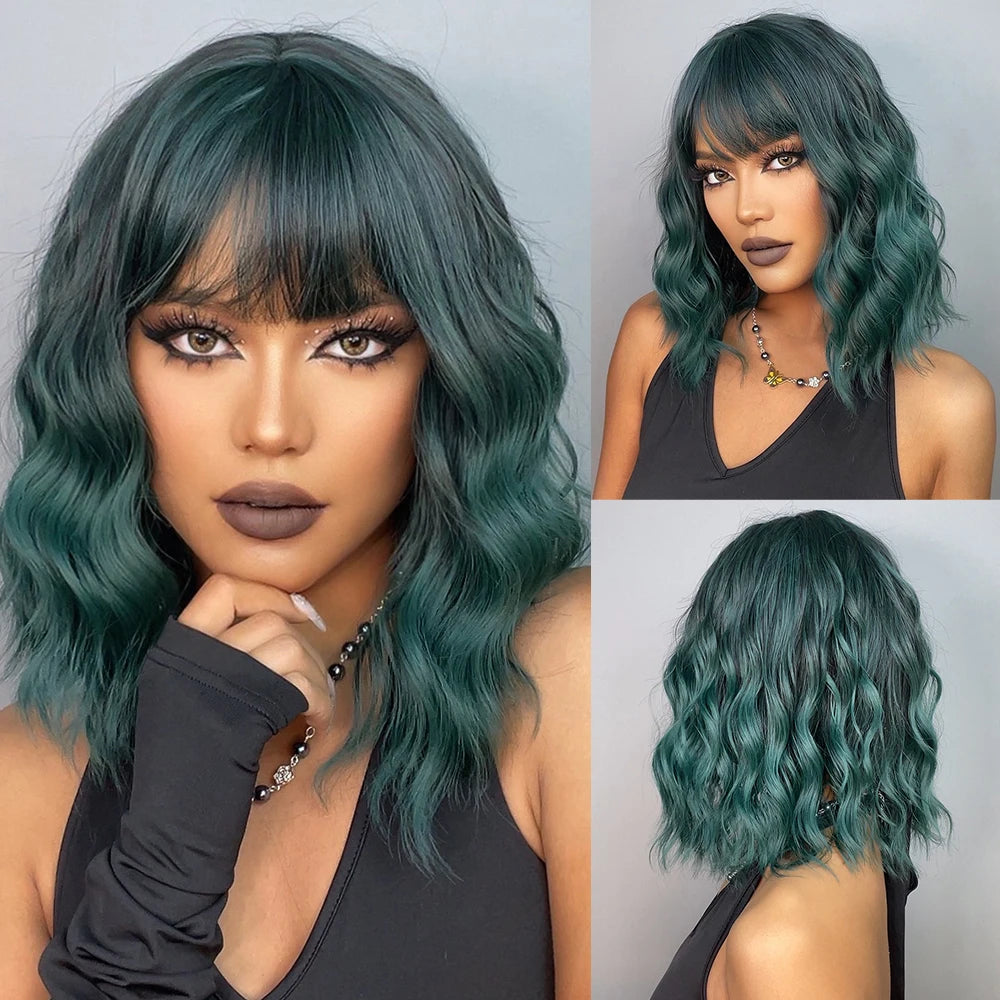 Crown & Glory Wigs  Short Bob Curly Wavy Green Synthetic Wigs with Bangs for Women Afro Cosplay Colorful Natural Hair Wig Halloween Heat Resistant