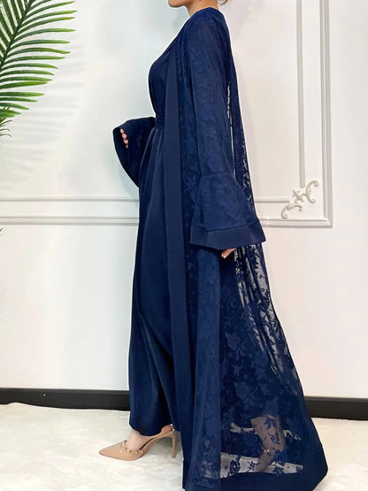 Muslim family   Ramadan Eid Prayer Lace Abaya 2 Piece Set Inner Dress Women Flare Sleeve Long Abayas Kaftan Djellaba Dubai Party Vestidos 2024