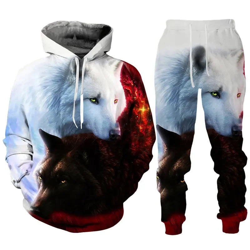 Men clothing  3D Print Hoodies Suit Man Dazzle Wolf Hip Hop Streetwear Hoodie And Pants 2pcs Sets