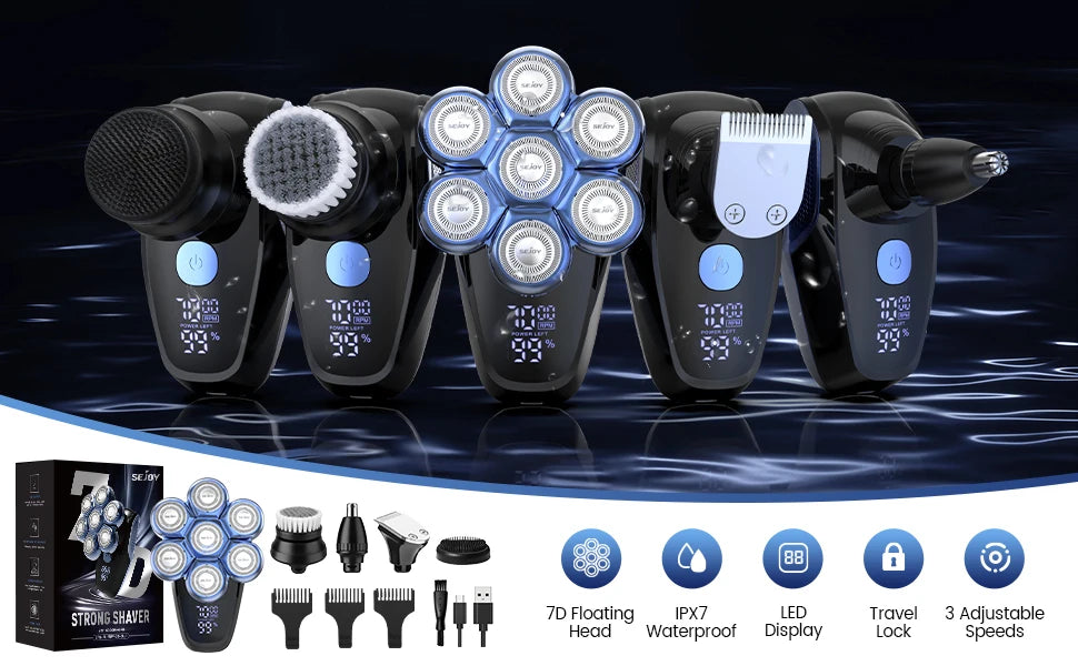 Bathroom   Sejoy 5 In 1 Electric Head Shaver for Bald Men 7 Blades Floating Razor Hair Trimmer USB Rechargeable LED Display Beard Shavers